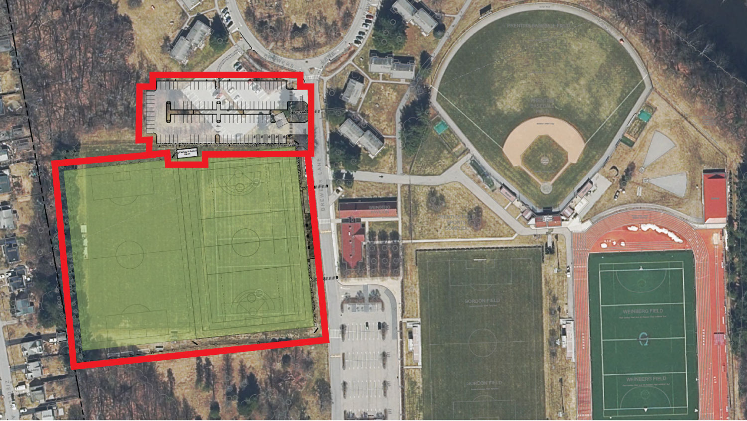 Aerial view of a campus sports complex, with a new green athletic field and parking lot highlighted on the left inside a bold red outline.